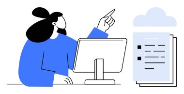 Masada oturan kadın, bulut sembolü ve belgeye işaret eden masaüstü monitörünü kullanıyor. Takım çalışması, üretkenlik, uzaktan çalışma, veri depolama, dosya erişimi, organizasyon, dijital iş akışı için ideal