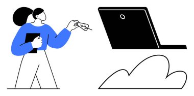 Tablet tutan ve bulut resimli bir dizüstü bilgisayara el kol hareketi yapan bir kadın. Bulut hesaplama, dijital dönüşüm, e-öğrenme, uzaktan çalışma, yenilik, teknoloji, basit düz metafor için ideal