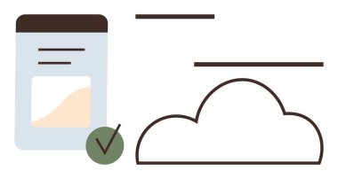 Belgeli bulut simgesi, yeşil işaret ve dekoratif çizgiler. Veri yönetimi, bulut hesaplama, depolama onayı, teknoloji, güvenlik organizasyonu verimliliği için ideal. Basit düz metafor