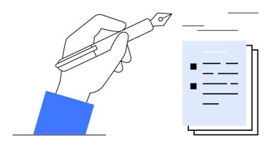 Tamamlanmış belgeleri gösteren bir dolmakalem kağıdı tutuyorum. Eğitim, iş, yazarlık, yaratıcılık, iletişim, verimlilik, belgeler için idealdir. Basit düz metafor