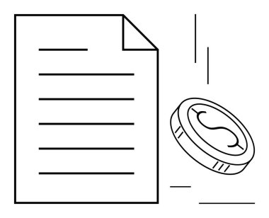 Üzerinde bir dolar işareti olan büyük bir madeni para bulunan metin satırları olan kağıt bir belge. Finans, bütçe, muhasebe, sözleşmeler, müzakereler, yatırımlar, faturalar için ideal, basit düz metafor