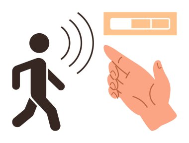 Yürüyen kişi, kontrol arayüzü ile el hareketi yaparak el sallıyor. Hareket sensörü, dokunulamaz etkileşim, akıllı aygıtlar, erişilebilirlik, yenilik, kullanıcı arayüzü için ideal