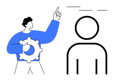 Teçhizatı yukarı doğru tutan bir adam, insan figürünün en düşük ana hatlarıyla bitişik. Liderlik için ideal, takım çalışması, problem çözme, yenilik, rehberlik, iş stratejisi, beceri geliştirme