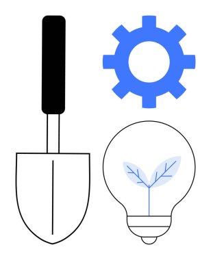 Bitki filizi içeren maça, dişli ve ampul büyümeyi, yeniliği ve işbirliğini sembolize eder. Sürdürülebilir kalkınma, eko-yenilik, teknoloji, ekip çalışması yaratıcılık tarımı için ideal