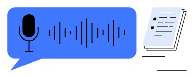Konuşma baloncuğunun içindeki mikrofon. Sayfalarca metnin yanında ses dalgaları var. Ses metni, transkripsiyon, yapay zeka, belgeler, verimlilik, teknoloji, dijital aletler için idealdir. Basit düz metafor