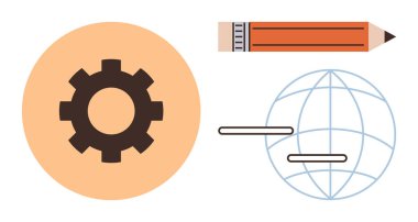 Turuncu çember, kalem ve soyut küre çizgileri yaratıcılığı, takım çalışmasını, yeniliği, küresel fikirleri sembolize eder. Eğitim, tasarım, mühendislik kavramları için ideal dijital araçlar küreselleşme