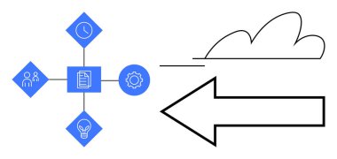 Takım, saat, belge, dişli geometrik diyagram, bir ağ içinde bir bulut ve ok sembolünün yanında bağlı ampul simgeleri. Organizasyon, strateji, planlama süreci analizi için ideal