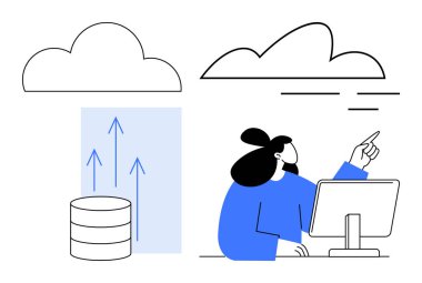 Masadaki kadın dijital bulutu işaret ediyor, veri okları veritabanından çıkıyor. Teknoloji, depolama, yenilik, bulut hizmetleri, dijital dönüşüm, bilişim yönetimi, basit daire