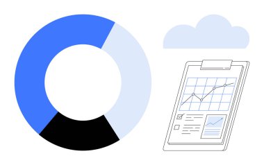 Grafikler ve kontrol listelerini gösteren panonun yanında mavi, siyah ve beyaz segmentlerin olduğu bir pasta grafiği. Bulut elementi veri depolamasını vurgular. Analiz, raporlar, bulut, araştırma ve ilerleme için ideal