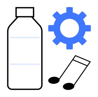 Taslak şişe, mavi dişli ve siyah müzik notaları basit bir düz metaforda yenilik, sürdürülebilirlik, yaratıcılık, teknoloji, ses, içecek endüstrisi ve işlevselliği göstermektedir.