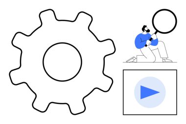 Diz çökmüş adam tarafından tutulan mekanizma büyüteç, analizi yansıtır ya da arama düğmesi hareketi ya da süreci gösterir. Takım çalışması, teknoloji, iş akışı, yenilik ve geliştirme için ideal