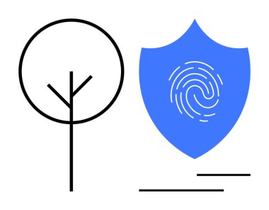 Üzerinde parmak izi olan mavi kalkanın yanında minimalist siyah ağaç çizgisi. Siber güvenlik, çevre koruma, biyometreler, veri gizliliği, kimlik doğrulama, çevre dostu teknoloji için ideal