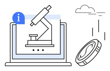 Bulut ve madeni para görüntüleriyle birlikte mikroskop ekranda. Eğitim, bilim, araştırma, finans, teknoloji, yenilik ve gelecek trendler için idealdir. Basit düz metafor