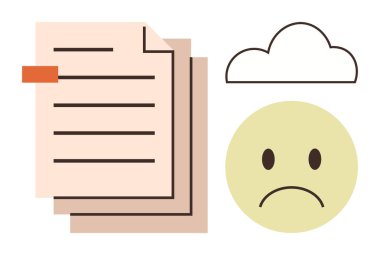 Bir yığın belge, somurtkan üzgün surat, bulut. Stres, iş yükü, duygular, bunalım, zihinsel sağlık depresyonu verimliliği için idealdir. Basit düz bir metaforla mücadeleyi sembolize eder