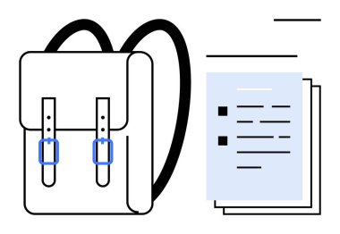 Ayarlanabilir kayışlarla dolu bir sırt çantası. Üzerinde maddeler olan organize belgelerin yanında. Eğitim, öğrenme, organizasyon, seyahat, planlama, amaç belirleme, bilgi paylaşımı için idealdir. Basit düz