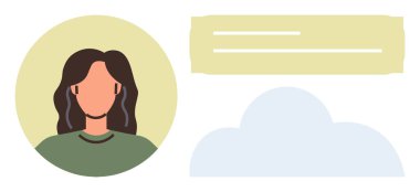 Bir konuşma balonu ve bir bulut eşliğinde çemberin içindeki dişi avatar. İletişim, fikirler, kullanıcı profili, sosyal medya, geri bildirim, ağ iletimi için ideal. Basit düz metafor