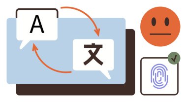 Tercüme edilmiş metin oklu iki konuşma balonu, parmak izi doğrulaması, onay kontrol işareti ve tarafsız yüz. İletişim, çeviri, dil öğrenme, kimlik ve güvenlik için ideal