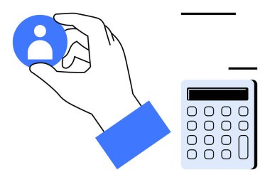 Hesap makinesinin yanındaki el yakalama profil simgesi sıralama, seçim ya da analiz öneriyor. İşe alım, analitik, insan kaynakları, değerlendirme, seçim finans organizasyonu için ideal. Basit düz metafor
