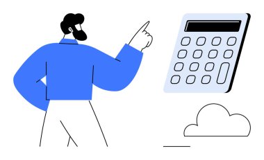 Dijital hesap makinesine doğru hareket eden kişi, hesaplama, bütçe, finans, muhasebe, karar verme, para yönetimi üzerinde duruluyor. Finans ve eğitim planlama analizi için ideal