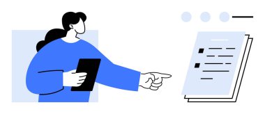 Tablet tutan ve bir belgeye ya da listeye işaret eden kadın. Eğitim, analiz, takım çalışması, planlama, proje yönetimi, karar verme, iş akışı illüstrasyonu, basit düz metafor