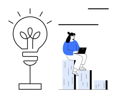 Bar grafik basamaklarında oturan bir kadın büyük parlayan bir ampulün yanında dizüstü bilgisayarla çalışıyor. Yaratıcılık, iş büyümesi, yenilik, ilerleme, üretkenlik, girişimcilik teknolojisi için idealdir. A