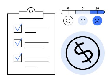 Tamamlanmış görevleri, duygu temelli geri bildirim skalası ve dolar işareti simgesine sahip kontrol listesi. Üretkenlik, anket sonuçları, bütçe yönetimi, değerlendirme, analiz, karar verme mekanizması için ideal