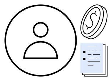 Kimliği, mali işlemleri ve kayıt yönetimini temsil eden para ve belge yığınının yanında bir daire içinde kullanıcı avatarı. İş, finans, uygulama, hesap kurulumu ve dijital için ideal