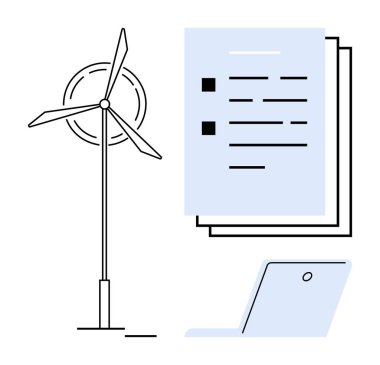 Belge yığını ve dizüstü bilgisayarın yanında rüzgar türbini, basit bir düzlükte yeşil enerji, yenilik, proje planlaması, sürdürülebilirlik, dijital araçlar, takım çalışması ve ekolojik bilinçli büyüme stratejilerini ön plana çıkarıyor