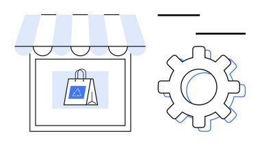 Geri dönüşüm çantasıyla vitrin penceresi, işlemleri ve işlemleri sembolize eden mavi dişli. Sürdürülebilirlik, perakende yenilik, e-ticaret, çevre dostu uygulamalar, otomasyon, iş stratejisi için ideal