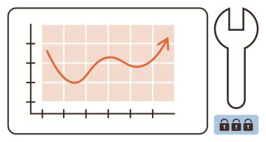 Büyüme grafiği, şebekede yükselme eğilimi, gelişme anahtarı, güvenlik için asma kilit. Analiz, ilerleme, optimizasyon, bakım ve geliştirme güvenliği için ideal. Basit düz metafor