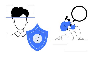 Mavi kalkanın yanında yüz tanıma ikonu ve işaretli kişi büyüteçle analiz ediyor. Kimlik doğrulama, siber güvenlik, gizlilik, teknoloji, güvenlik, araştırma için ideal