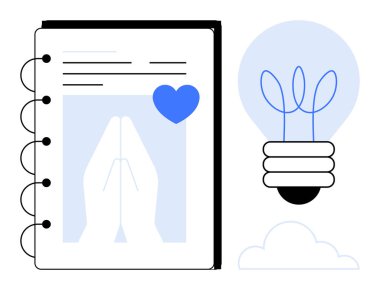 Dua eden elleri, mavi kalbi, filizlenen bitkileri ve bulutu olan bir defter. Yaratıcılık, inanç, yenilik, farkındalık, maneviyat ve sürdürülebilirlik için ideal. Basit düz