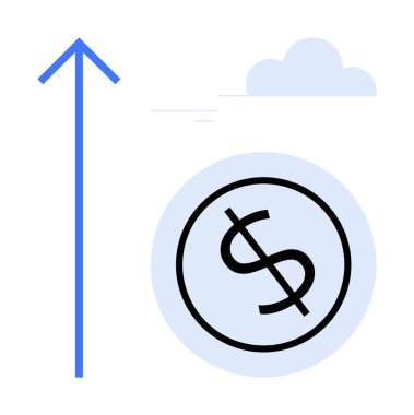Mavi ok, büyümeyi, karı ve yükselen eğilimleri sembolize eden dairesel dolar işaretinin yanında yukarı doğru işaret ediyor. Finans, zenginlik, ticaret, yatırım tasarrufu geliştirme ekonomik başarı için idealdir. Basit.