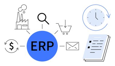 Merkezdeki ERP sistemi finans, envanter, fabrika, saat, e-posta ve belgeler için simgeleri birbirine bağlıyor. Yönetim, bütünleşik otomasyon verimlilik planlama analitik süreci için idealdir. Basit.