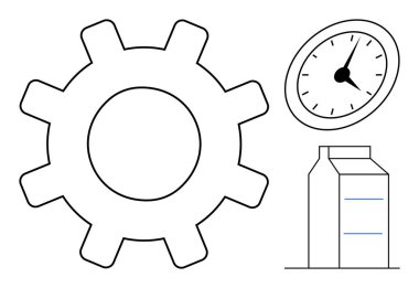 Zaman için bir saatin yanında verimliliği ve günlük ihtiyaçlar için bir süt kutusunu sembolize eder. İş akışı, zaman izleme, rutin, dakiklik, süt ürünleri, iş-yaşam dengesi için ideal, basit düz metafor