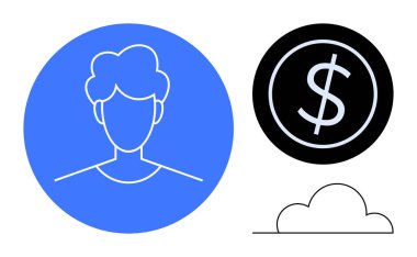 Mavi çemberdeki minimalist kullanıcı simgesi, siyah çemberdeki dolar işareti ve bulut çizgisi. Teknoloji, finans, kullanıcı arayüzü, profil, çevrimiçi hizmetler için ideal iş sade metaforu