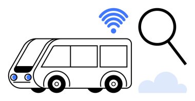 Tekerlekli elektrikli otobüs, yukarıda mavi kablosuz ikon, büyüteç ve bulut, akıllı transit, bağlantı, yenilik, toplu taşıma, veri erişimi, sürdürülebilirlik ve kentsel ulaşımı temsil ediyor