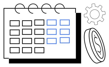 Spiral ciltleme, dişli ve madeni para ile takvim ızgarası zamanlamaya, verimliliğe ve mali yönetime odaklanmaktadır. Planlama, organizasyon, verimlilik, strateji bütçesi tasarrufu için ideal