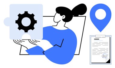 Kadın karakter bulmaca parçalarını donanımlı tutuyor, imzalı belgeler ve lokasyon iğnesi. Sorun çözme, takım çalışması, lojistik, sözleşme, navigasyon, yenilik ve iş akışı kavramları için ideal