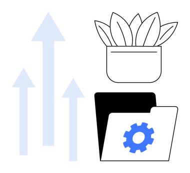 Yukarıya bakan oklar, büyümeyi sembolize eden saksı bitkisi ve ayarlar için gerekli donanıma sahip klasör gelişimi, organizasyonu ve gelişimi temsil ediyor. Hedefler, yenilik, verimlilik ve takım çalışması için ideal