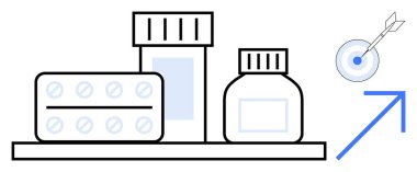 İlaç paketleri, rafta ilaç şişeleri, oklu mavi hedef, yukarı doğru ok gelişmeyi gösteriyor. Sağlık, strateji, başarı, başarı, ilerleme, eczane refahı için ideal