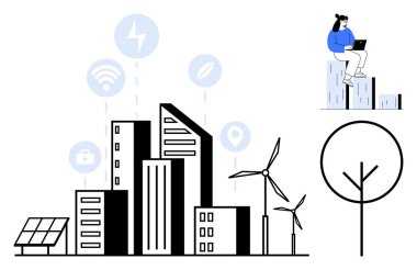 Modern şehir manzarası karıştırma teknolojisi ve güneş paneli, rüzgar türbinleri, akıllı ikonlar, ağaç, bina ve çalışan insanlar. Sürdürülebilirlik, yenilik, yeşil teknoloji akıllı şehirler için ideal