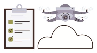 Yenilik, otomasyon, veri depolama, bulut hesaplama, görev yönetimi, lojistik ve teknolojik çözümleri temsil eden işaretli görevlerle bir bulutun üzerinde uçan kuadkopter. Basit düz