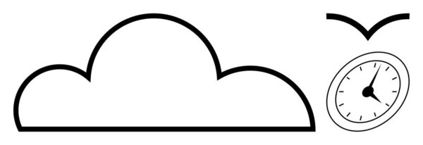Simplistic cloud outline, analog clock tilted diagonally, and abstract bird symbol. Ideal for concepts of time, freedom, mindfulness, creativity, nature simplicity schedule. Minimalist flat