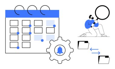 İşaretli tarihli takvim, görev soruşturması için büyüteç, teçhizatlı teçhizat ve dosya takas klasörleri. Yönetim, organizasyon, zamanlama, anımsatıcı, arama analizi için ideal basit