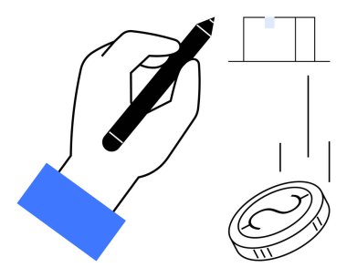 El ele tutuşma kalemi tuval üzerinde, madeni para düşüşü değer, finans, yenilik veya yaratıcılık metaforu olarak. Basit işbirliği, girişimcilik, eğitim ve tasarım stratejileri için ideal