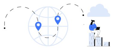 Yer işaretleyicili dünya, hareket gösteren noktalı çizgiler dizüstü bilgisayarlı istiflenmiş kitaplar ve bir bulut. Kavram için idealdir Uzak çalışma, küreselleşme, takım çalışması, eğitim