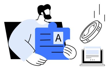 Adam, harf, bozuk para ve dizüstü bilgisayarla bulmaca parçasını elinde tutuyor. Takım çalışmasını, yaratıcılığı, finans, teknoloji, e-öğrenme, veri yönetimi ve basit bir düz metaforda karar vermeyi sembolize ediyor.