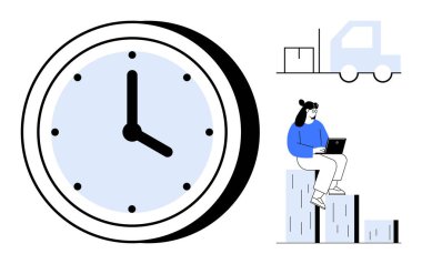 Büyük saat, nakliye kamyonu ve dizüstü bilgisayarda çalışan biri. Zaman yönetimi, verimlilik, lojistik, tedarik zinciri, iş verimliliği, dağıtım yönetimi için ideal daire