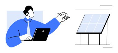 Güneş paneli diyagramına işaret ederken dizüstü bilgisayarda çalışan takım elbiseli biri. Sürdürülebilirlik, yenilenebilir enerji, iş planlaması, teknoloji, araştırma, eko-tasarım, yenilik için ideal. Basit düz